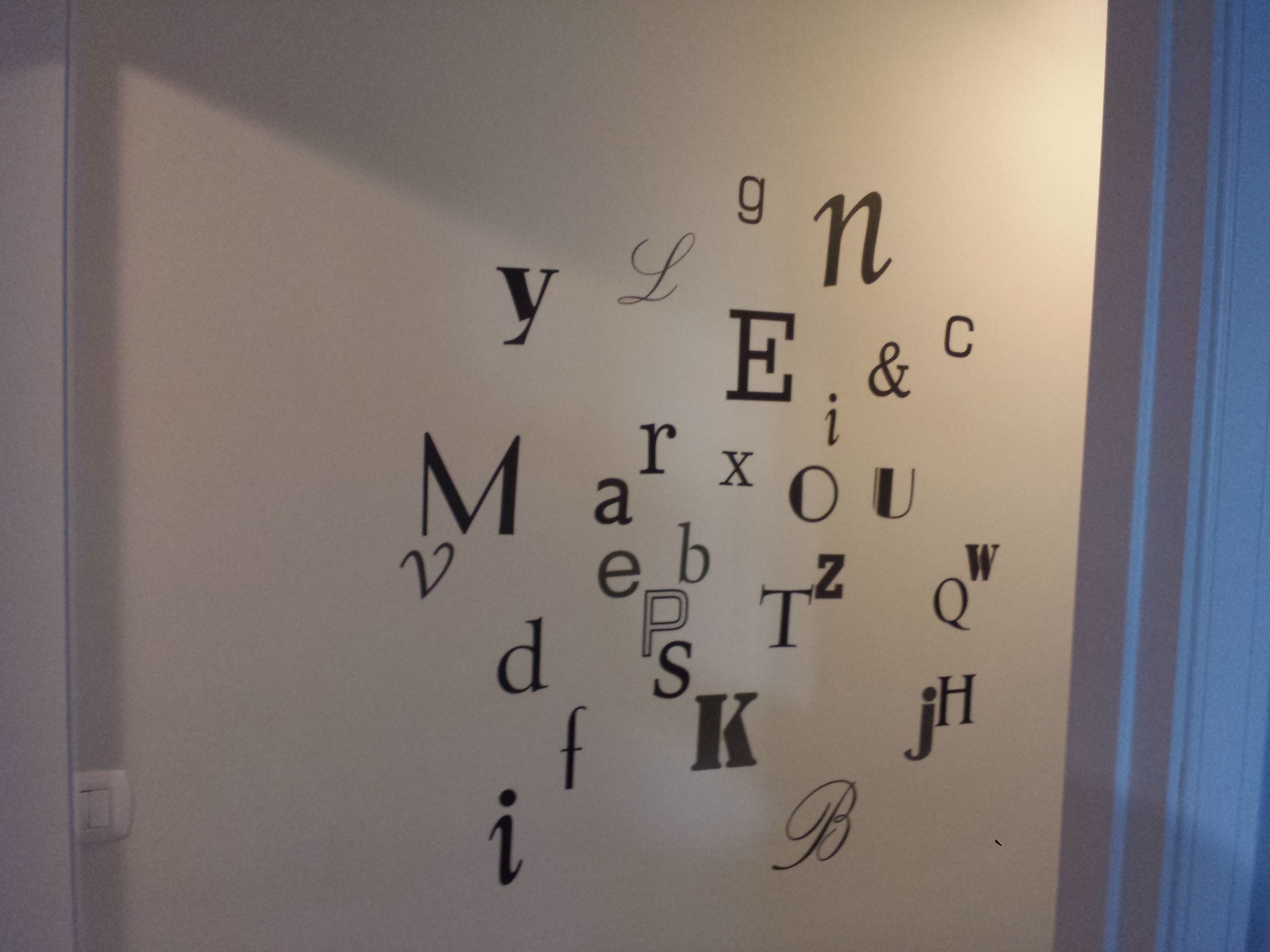 A wall with randomly arranged letters and symbols.