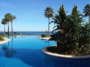 Uma piscina azul cristalina com palmeiras e vista para o oceano.