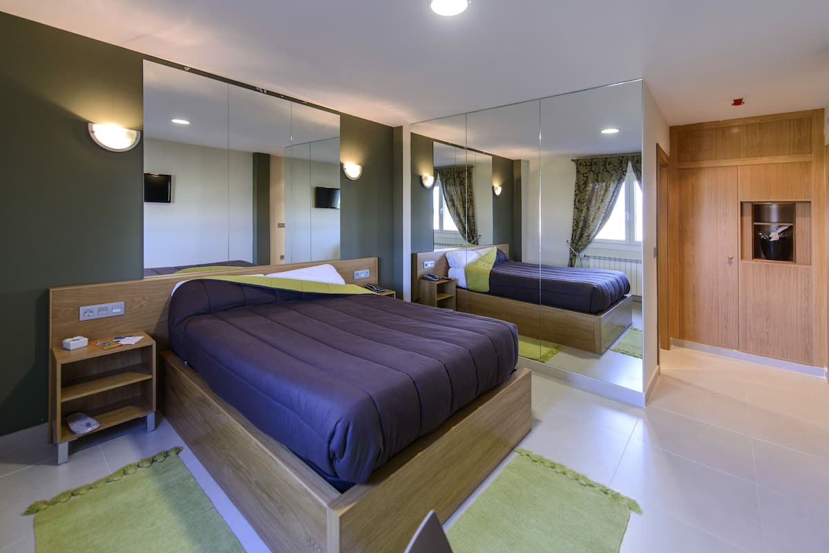 Un dormitorio moderno con una cama grande, una mesita de noche de madera, un espejo y un armario empotrado de madera.