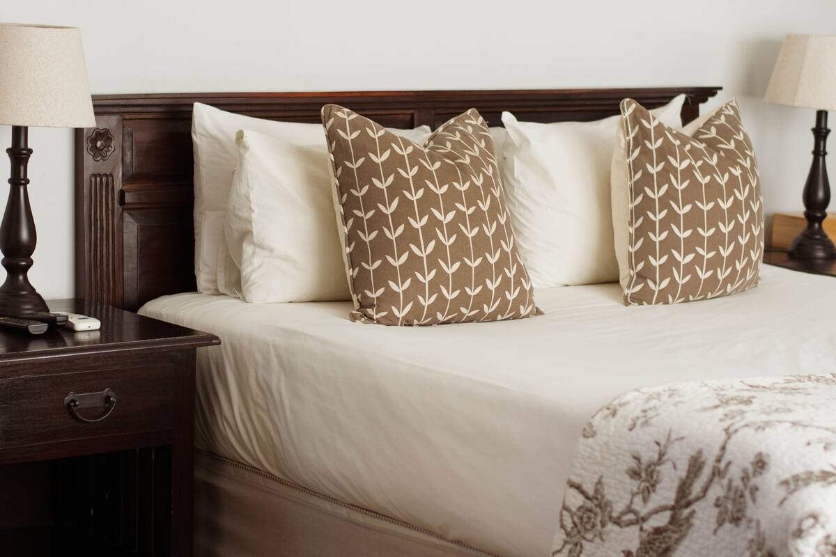 A neatly made bed with two patterned pillows, a bedside table with a lamp, and a nightstand with a remote control.