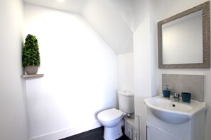 A modern bathroom with a toilet, sink, and a small potted plant on a shelf.