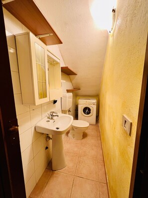 A compact bathroom with a sink, toilet, and washing machine. - Badualga Pink (San Teodoro)
