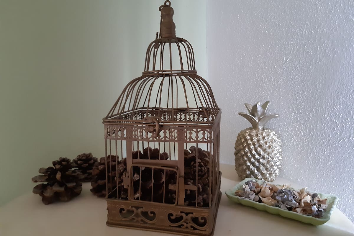 A decorative birdcage with pinecones and a pineapple on a table.