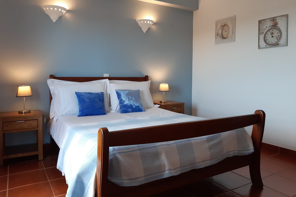 A bedroom with a wooden bed, two bedside tables with lamps, a blue wall, and two wall-mounted clocks.