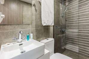 Sèche-cheveux, chaussons, serviettes fournies, papier toilette