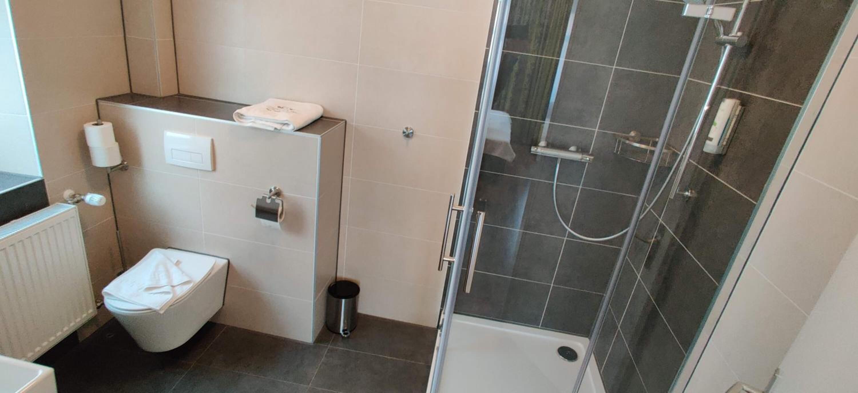 Une salle de bain comprenant des toilettes, une poubelle, un espace douche avec une porte en verre et une serviette posée sur le comptoir.