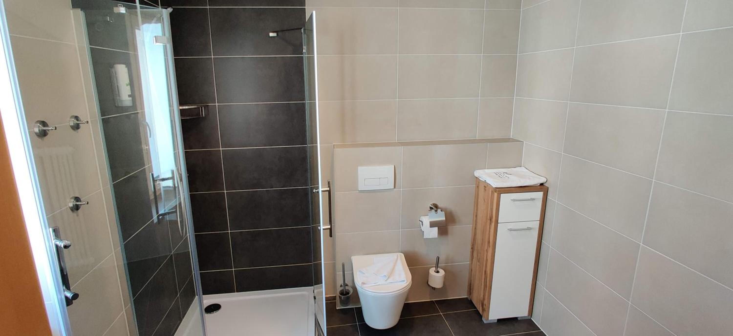Un baño con ducha, inodoro y un pequeño armario de madera.