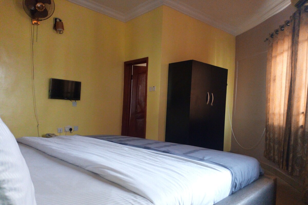 A hotel room with a bed, a wardrobe, a television, and a door.