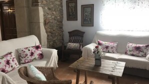 Un saló confortable amb una paret de pedra, dos sofàs amb coixins florals, una taula baixa de fusta i una cadira de vimbles.