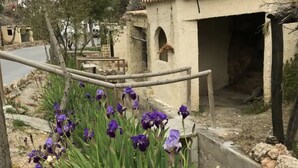 Edifici de pedra rústic amb una porta i un petit jardí ple de flors morades.