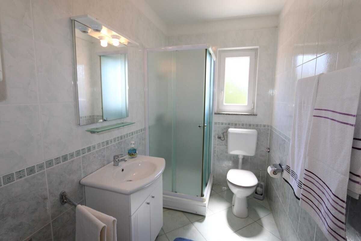 A bathroom with a glass shower enclosure, a toilet, and a sink with a mirror above.