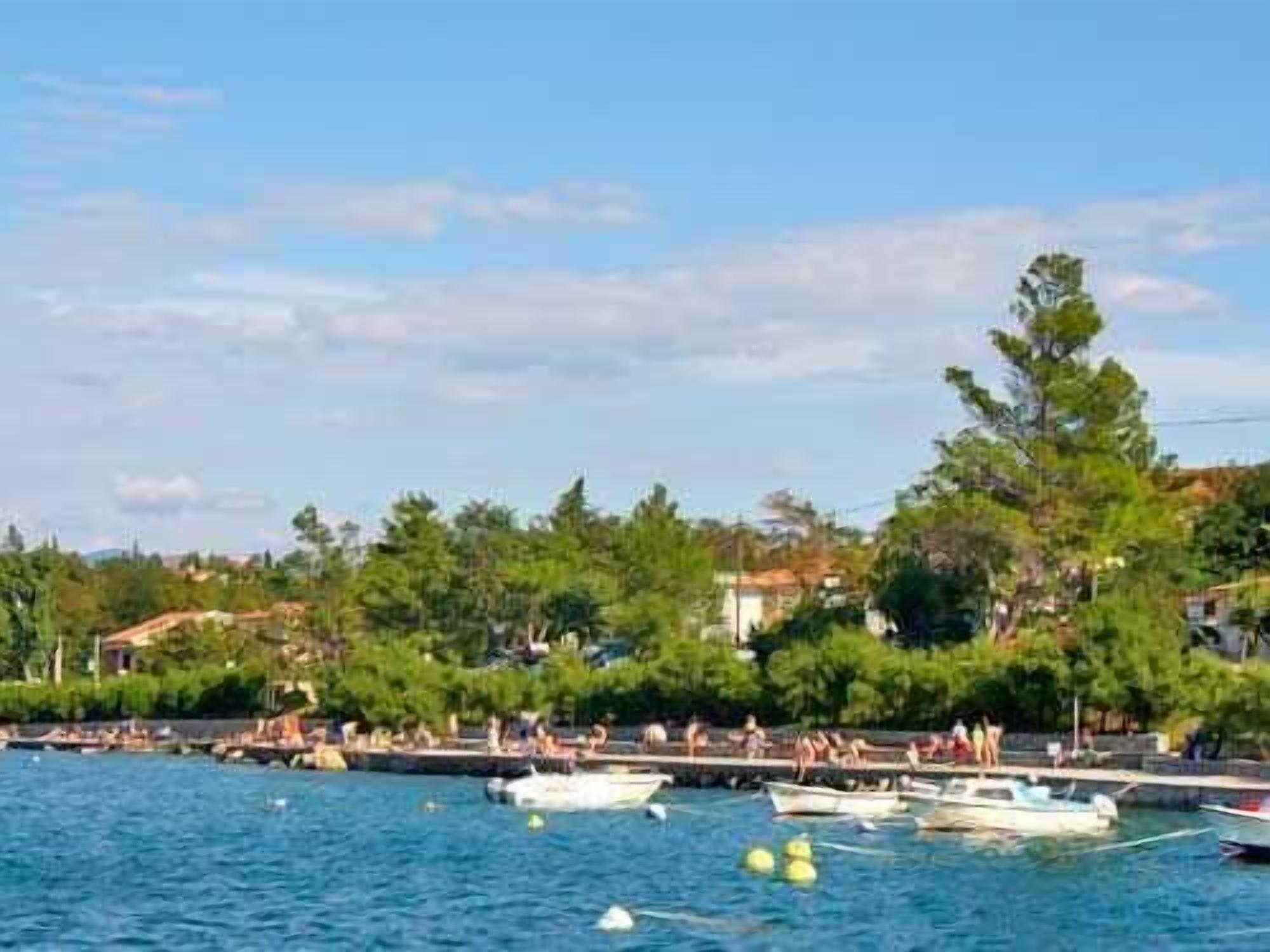 Uma marina com barcos atracados, um cais com pessoas e vegetação ao fundo.