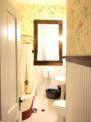 Combined shower/tub, hair dryer, towels, soap