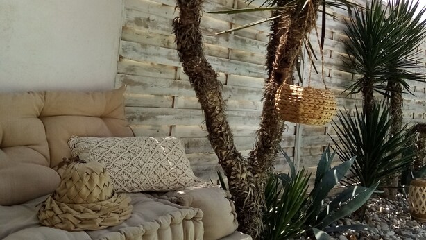 Eine Betonbank mit Kissen, einem gewebten Korb und einer Palme in einem Garten.