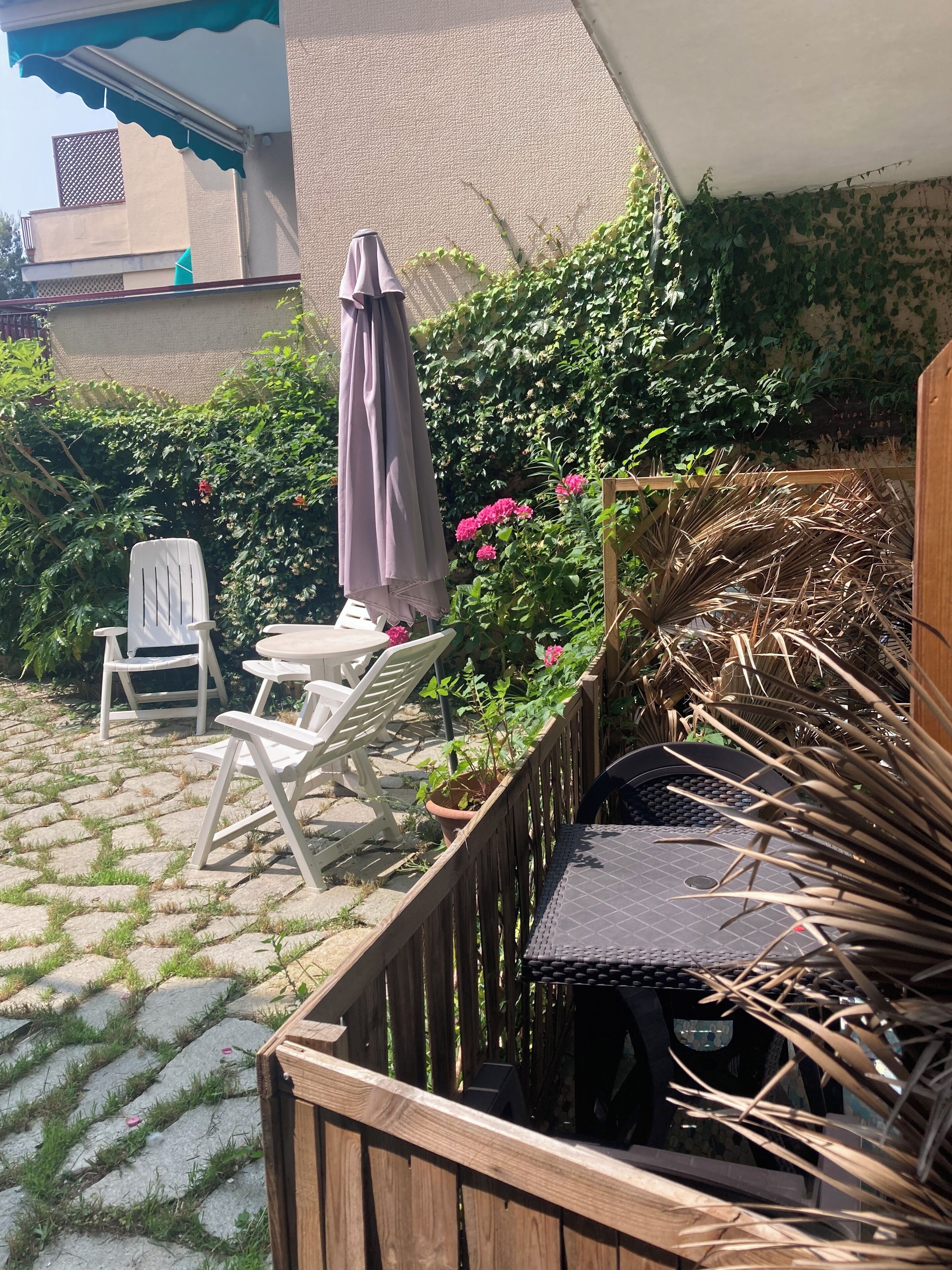 A patio area with a table and chairs, a wooden fence, and potted plants.