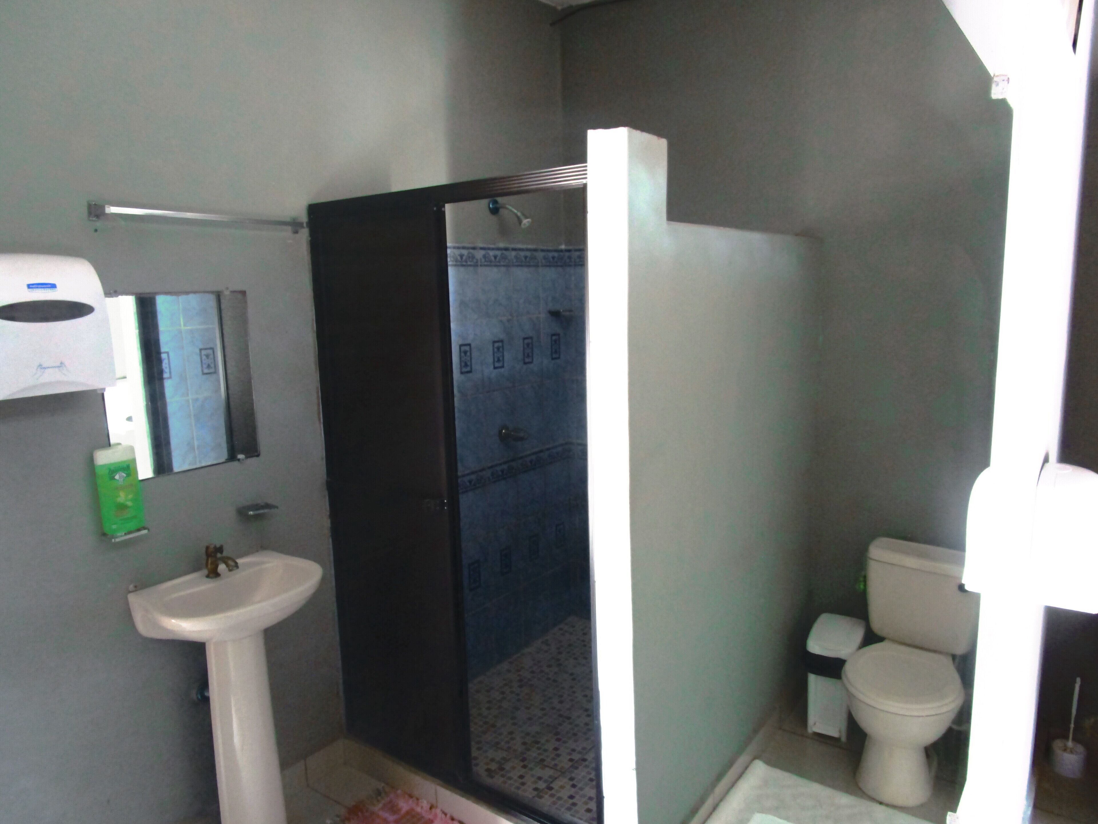 Shower, free toiletries, towels, soap