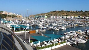 Un puerto deportivo con numerosas embarcaciones amarradas, un paseo peatonal y vistas del paisaje circundante.