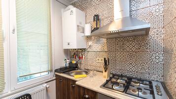 Fridge, electric kettle, toaster, cookware/dishes/utensils