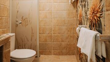 A bathroom with a toilet, a shower, and a towel rack.