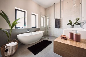 Ensemble baignoire-douche, séchoir à cheveux, serviettes fournies