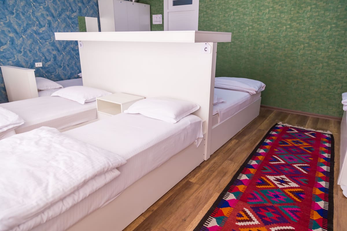 Ein Hotelzimmer mit zwei Einzelbetten, einem kleinen Nachttisch, einem farbenfrohen Teppich und grün gemusterten Wänden.