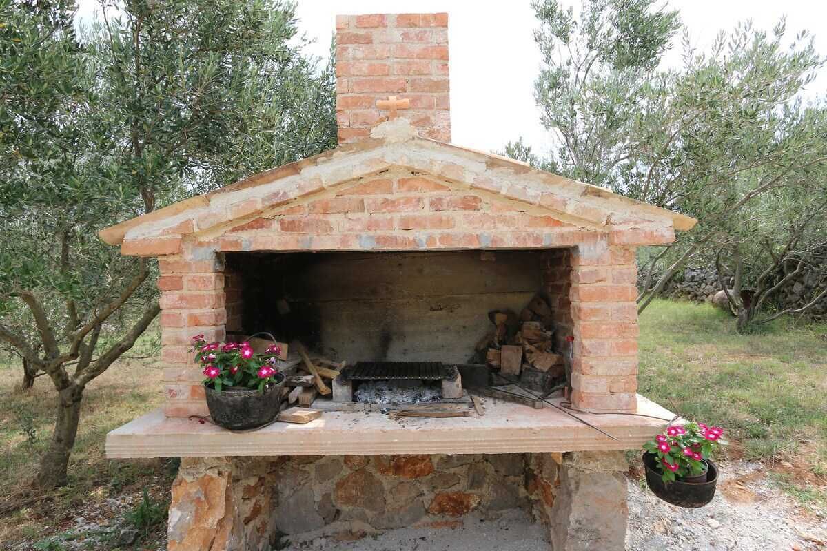 Un horno de ladrillo al aire libre con una chimenea, rodeado de árboles.