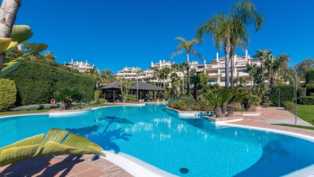 A large, clear swimming pool surrounded by palm trees and a well-maintained lawn, with a building in the background. - Prime location within beautiful gated community - LATE AVAILABILITY! (Benahavís)