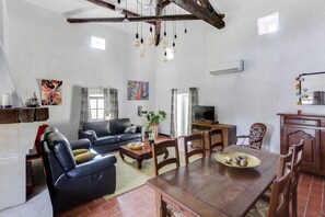 Smart TV, fireplace, books