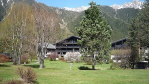 Ein Chalet mit mehreren Zimmern, umgeben von einem gepflegten Rasen und Bäumen, mit Blick auf die Berge.