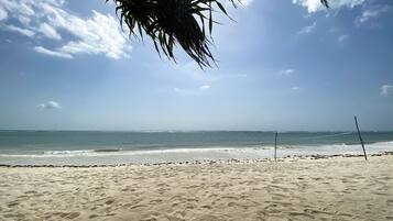 Pantai berhampiran, pasir putih, kerusi lepak pantai, payung