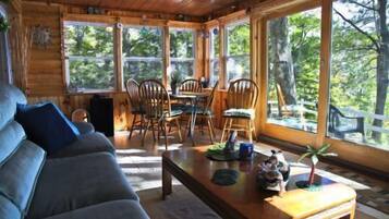 Fireplace, video games, DVD player, foosball