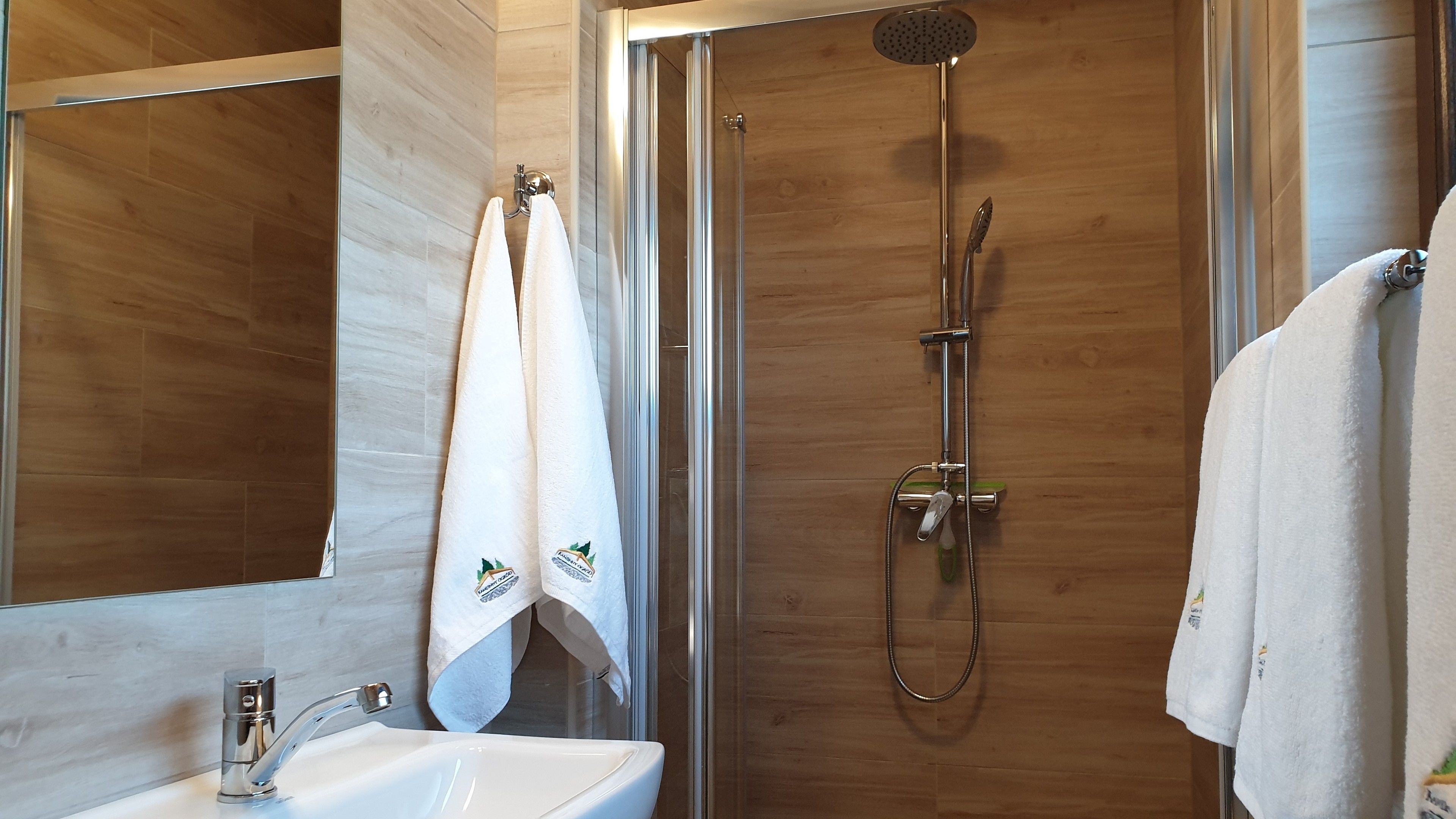 A modern bathroom with a glass-enclosed shower, a sink, and a mirror.