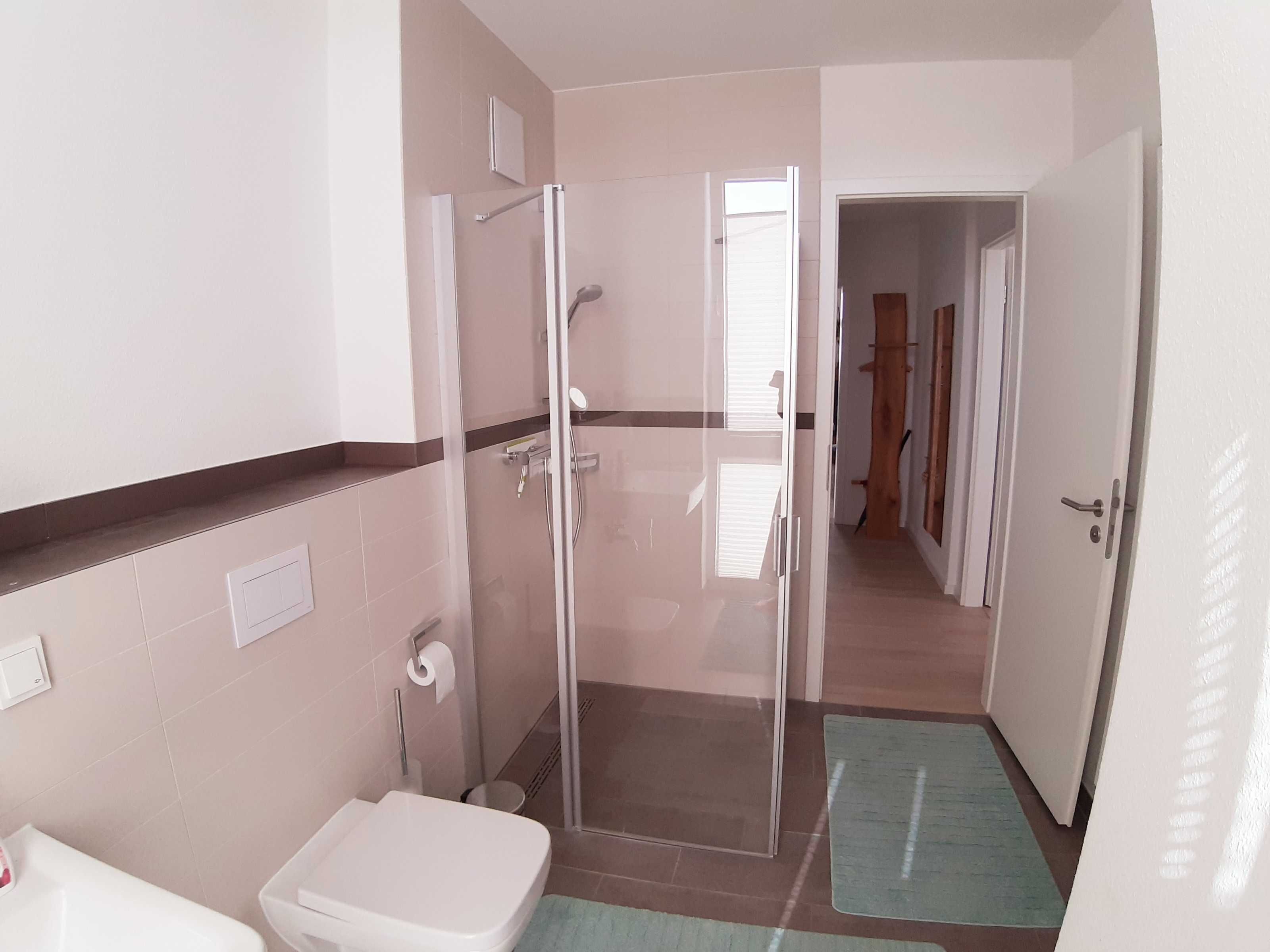 A bathroom with a glass shower enclosure, a toilet, and a sink.