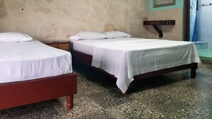 A room with two beds, a nightstand, a wall-mounted light fixture, a framed picture, and a shower area with a curtain. - Ana y Alberto (Havana)