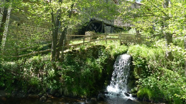 Ein rustikales Steinhaus mit einer Holzbrücke über einem kleinen Bach, umgeben von üppigem Grün.