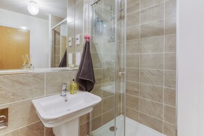 Hair dryer, towels, shampoo, toilet paper