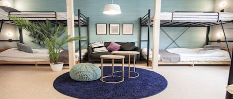 A dormitory room with bunk beds, a round coffee table, a potted plant, and a blue rug.