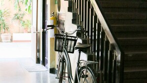 A staircase with a bicycle parked against the wall, a potted plant, and a door leading to an outdoor area with plants.