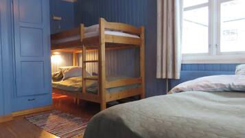 A room with a bunk bed, a wardrobe, a window with curtains, and a patterned rug.