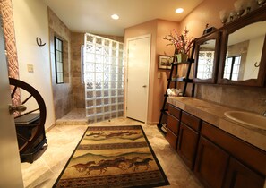 Shower, eco-friendly toiletries, hair dryer, towels