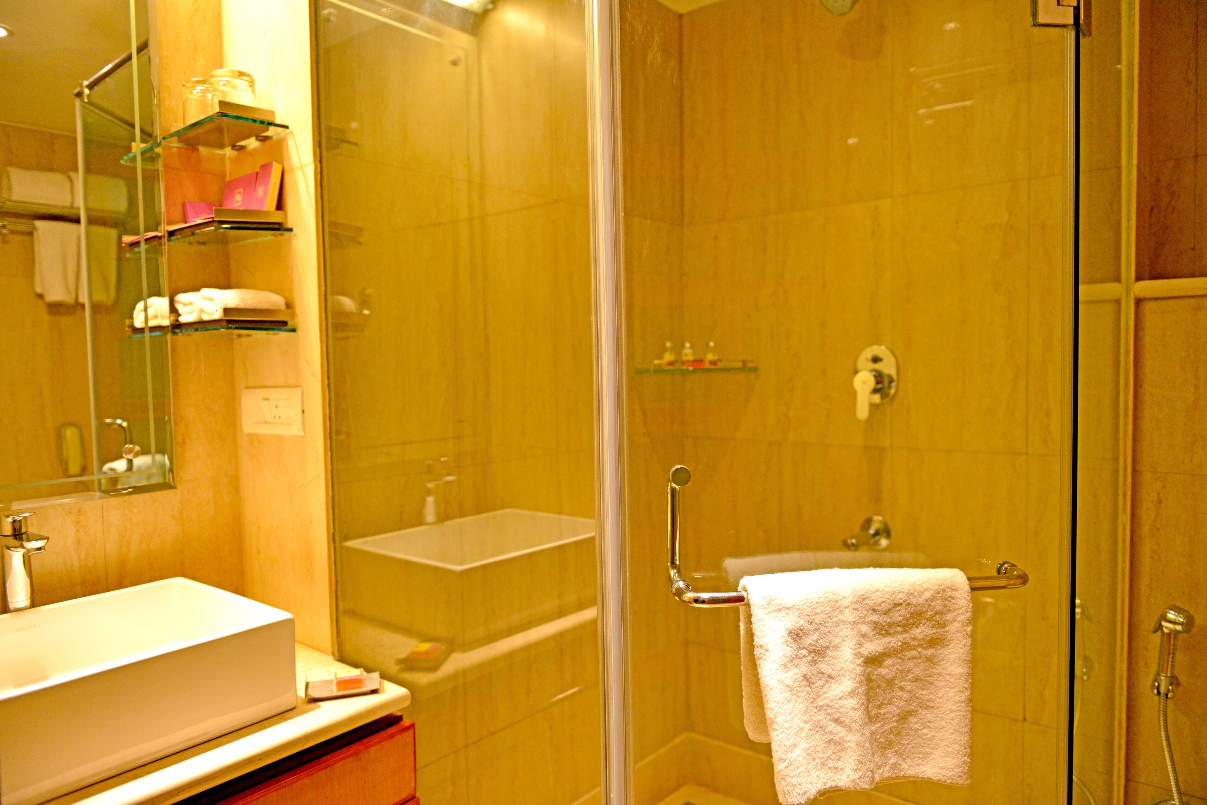 Shower, free toiletries, hair dryer, towels