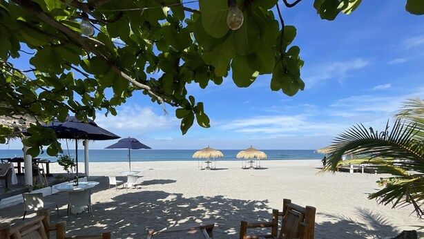 Un espacio de descanso frente a la playa con sillas y mesas de madera, sombrillas y vista al océano.