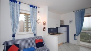 Ein kompakter Wohnraum mit einer Küchenzeile, einem karierten Sofa mit Kissen und Blick auf ein Gebäude durch ein Fenster.