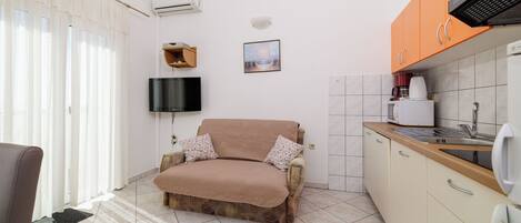 A compact living space with a sofa, a television, a kitchen area with cabinets and a sink, and a window with curtains.