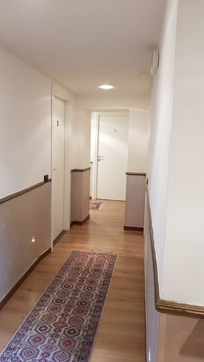 A hallway with wooden flooring and a patterned rug, leading to a door with the number 3. - Albergo La Svolta (Brescia)