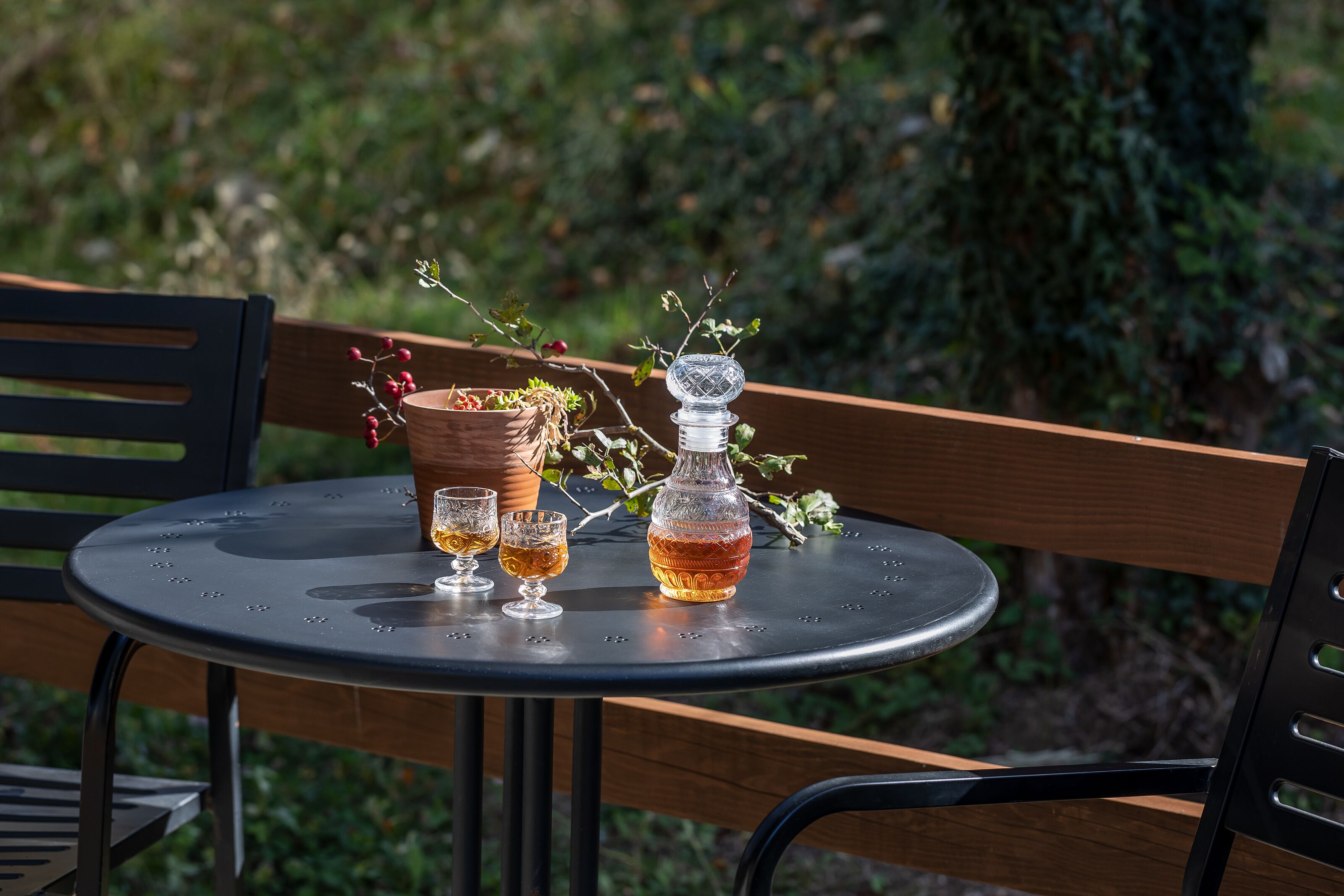 Une table ronde en métal, sur laquelle sont posés un pot de fleurs et une carafe.