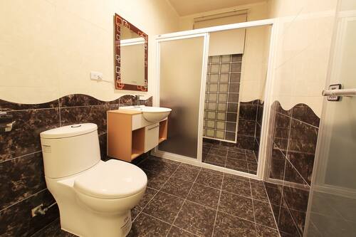 Douche, articles de toilette gratuits, chaussons, serviettes fournies