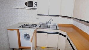 Cozinha compacta com fogão a gás, pia, micro-ondas e máquina de lavar.