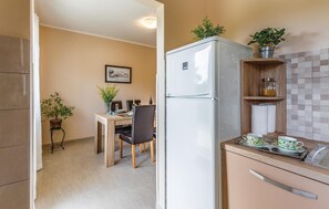 Fridge, stovetop, dishwasher, coffee/tea maker