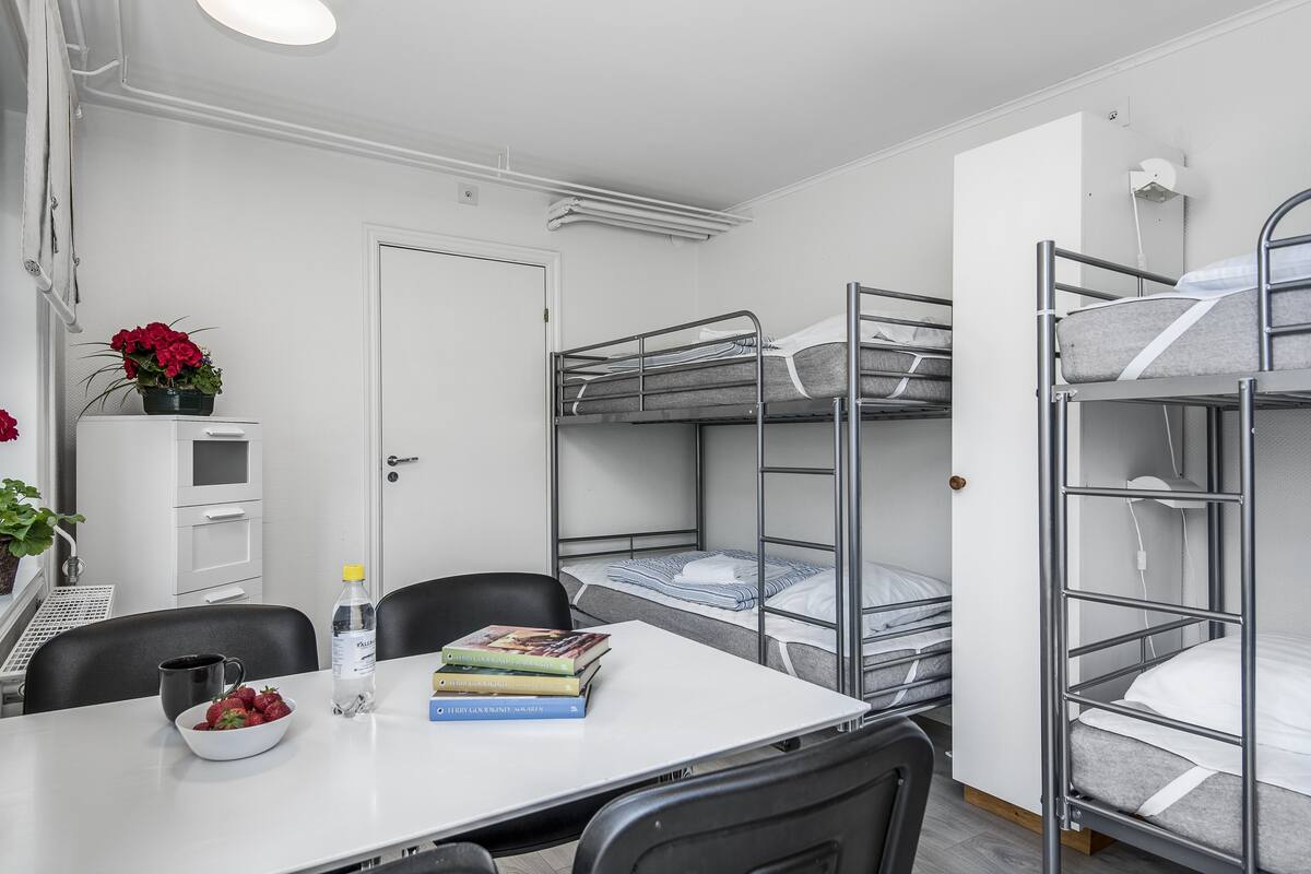 Desk, laptop workspace, blackout curtains, free WiFi